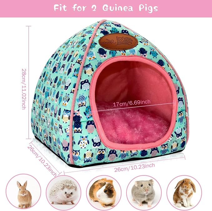 Guinea Pig Bed Hideout, Washable Hamster Cave for Small Animals | Removable Cushion for Cleaning, Warm Fleece Nest, Washable Bed, 10.23 x 10.23 x 11 in, Dwarf Rabbits Hedgehogs