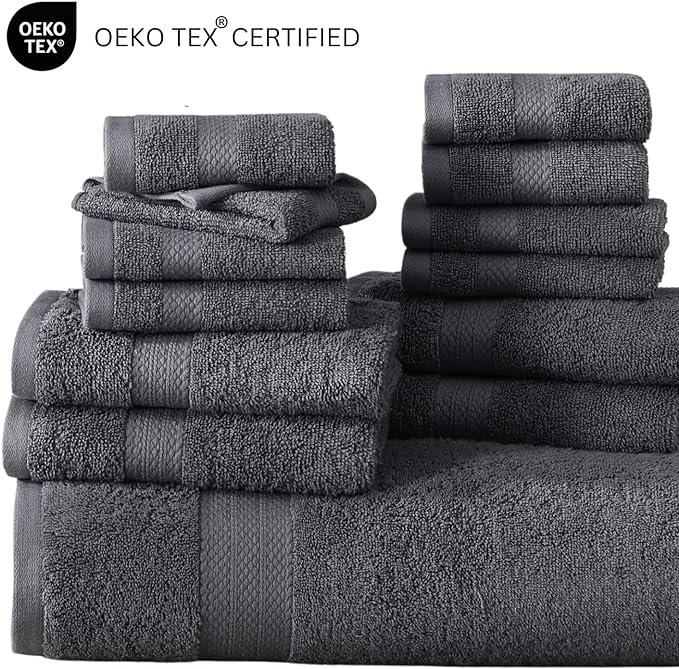 LANE LINEN 100% Cotton Bath Towel Set - Sustainably Produced, 18PCs Towels for Bathroom - 6 Hand, 8 Washcloths, 4 Shower Towels - Machine Washable, Quick Drying, Highly Absorbent - Cool Grey