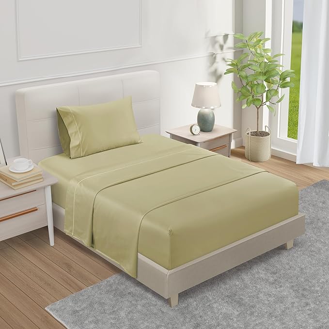 100% Egyptian Cotton Twin Sheets Set, 800TC Sateen Weave 3 PC Twin Bed Sheets, Fully Elasticated Sheet & Pillowcase Sets, Soft & Comfy No lint Machine Washable Fade Resistant- Seafoam