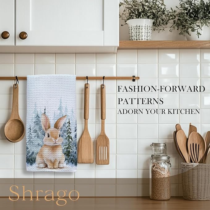 Winter Christmas Bunny Kitchen Towels, Gifts for Bunny Lovers Dish Tea Towels for Kitchen, Winter Pine Tree Forest Decorative Hand Towel for Kids Bathroom Decor, 16x24 Inch