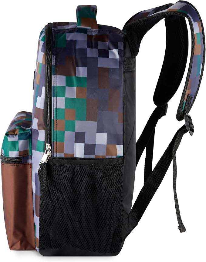 AI ACCESSORY INNOVATIONS Minecraft Backpack for Kids, Pixelated Block Print Design with Adjustable Straps, 16 Inch Rectangular Daypack, 3 Zippered Compartments, Water Repellent Polyester