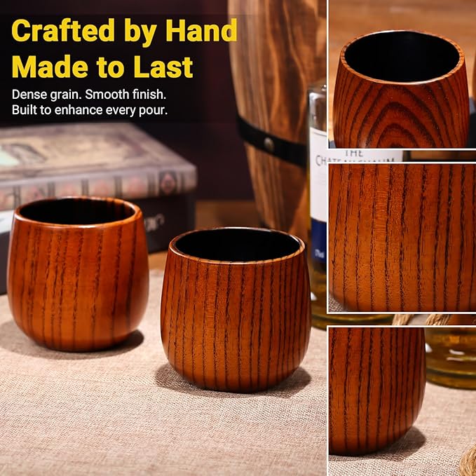 4PCS Charred Wooden Whiskey Glass – Handcrafted Solid Wood Tumbler for Men | Unique Whiskey Gifts | Natural Grain, Flame-Finished Bourbon Glass，Fathers Day Gifts For Dad，Him，Husband