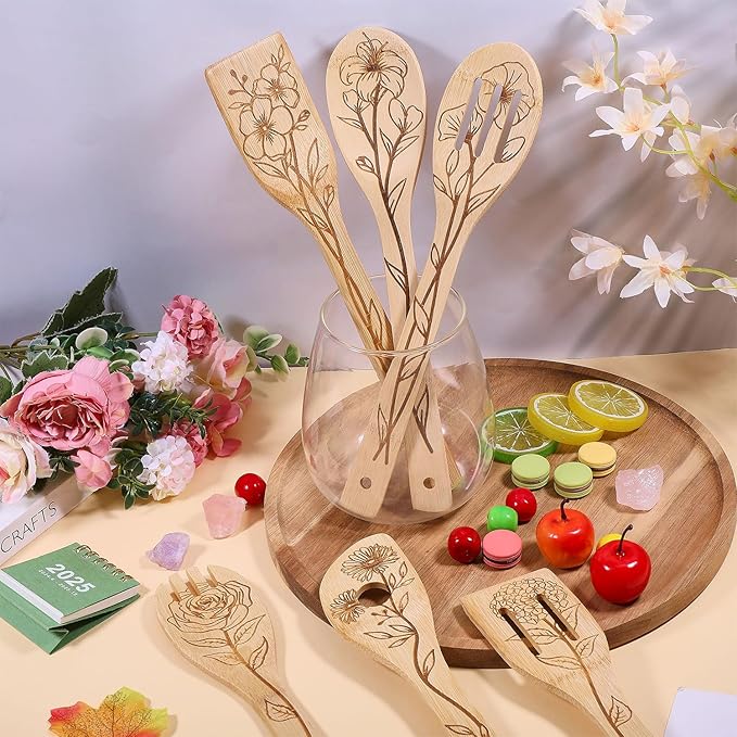 GLOBLELAND 6Pcs Floral Bamboo Cooking Utensils Wooden Engraved Cooking Spoons Set Carving Kitchen Bamboo Spatula Set for Women and Men Wood Cooking Spoon for Kitchen House Warming Gift