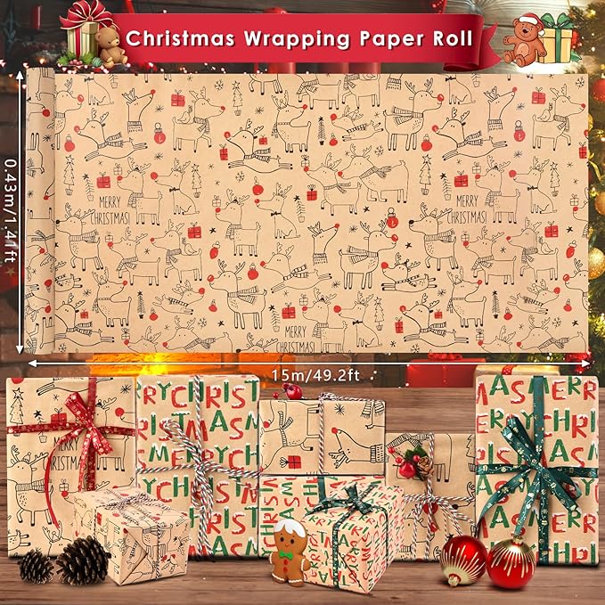 AhfuLife 2 Rolls Christmas Wrapping Paper, 17 Inch × 49.2 Feet Per Roll - Recyclable Kraft Xmas Wrapping Paper - Reindee Design for Kids Gift Box Birthday Party Decoration