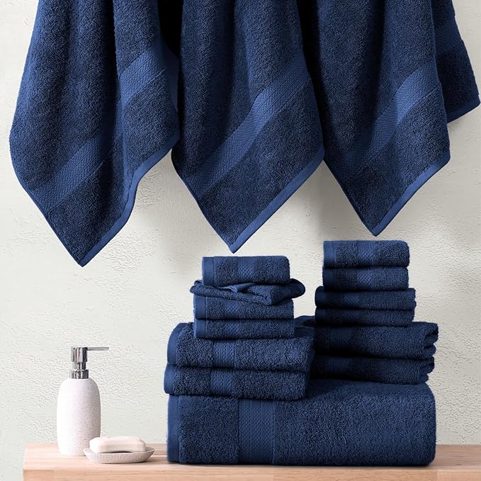 LANE LINEN 100% Cotton Bathroom Towel Set - 6 Pieces - Ring Spun, Super Soft & Highly Absorbent - 2 Bath, 2 Washcloths, 2 Hand Towels for Bathroom - Minimal Lint & Fading, Pre Shrunk - Navy Blue