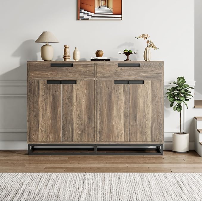 Garvee Kitchen Buffet Cabinet 55 Inch Large Modern Sideboard with 2 Drawers and 4 Doors, Coffee Bar Buffet Table for Kitchen and Dining Room, Brown