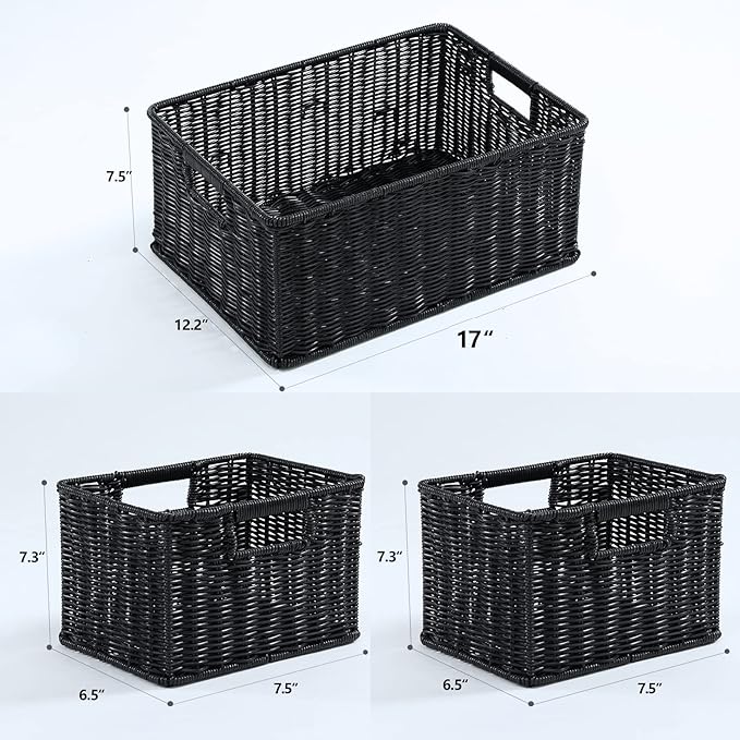 HOONEX Large Wicker Baskets for Storage, Woven Plastic With Dual Handles, Set of 3, Black