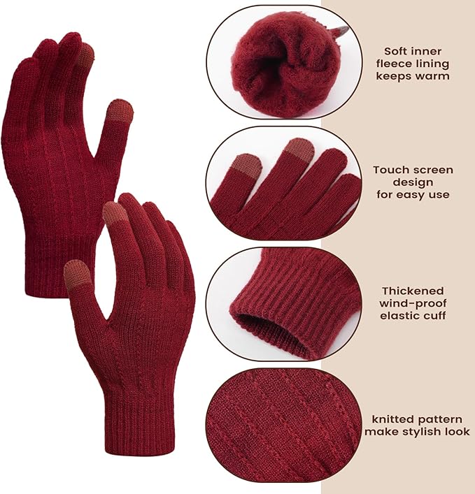 Women Winter Hat Beanie+Long Scarf+Touch Screen Gloves Set, Warm Clothes Set with Knit Fleece Lined for Women/Men Winter