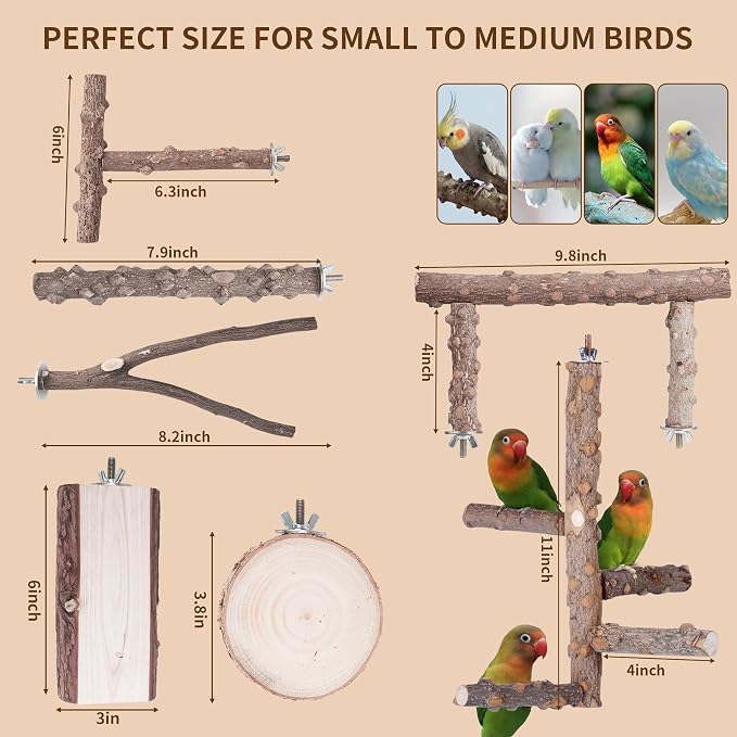 Kintor Bird Perch Set,7pcs Natural Wood Stand for Parakeet Cockatiel Conure | Natural Prickly Ash Wood,Bird Platform Branch Fork Stand,Bird perch Cage Accessories for small medium Parrot Lovebird Budgie