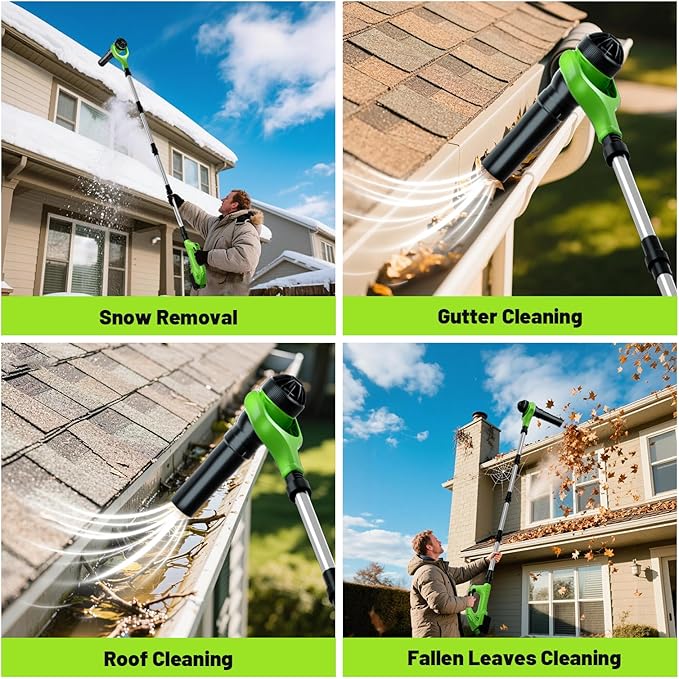 Roof Gutter Cleaning from The Ground, 40V Leaf Blowers Cordless with 2 Battery, Adjustable Pole (98inch)3 Speed Modes 500CFM/180MPH for Gutter Cleaner Extension Attachment Kit for Garden,House