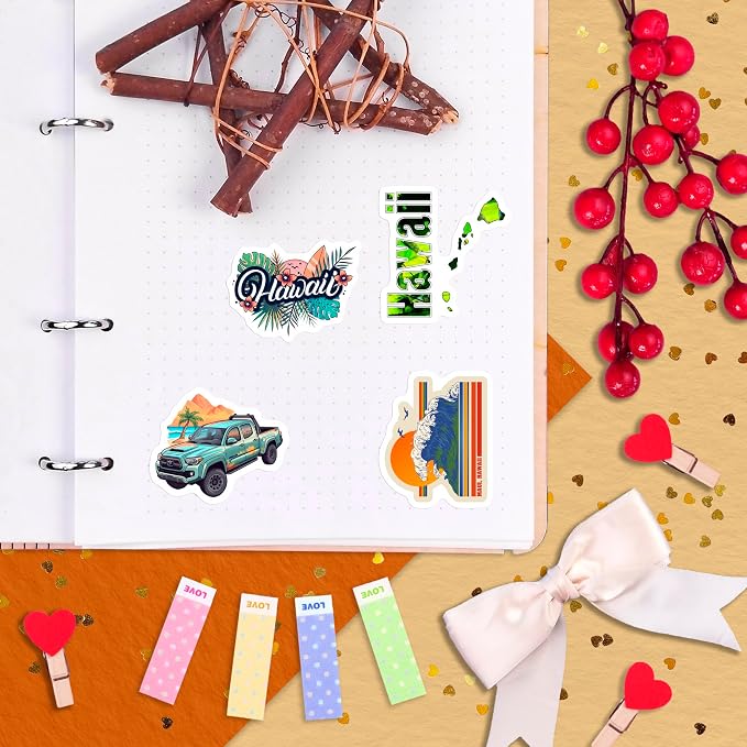 100Pcs Hawaii Stickers for Water Bottle and Laptop - Hawaiian Party Supplies & Decorations, Waterproof Vinyl Decals, State Pride and Icon Stickers, Gifts for Women & Men