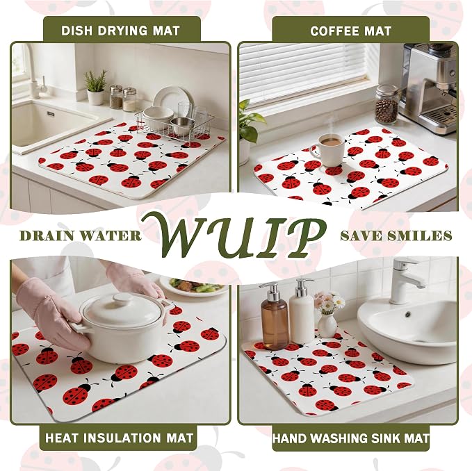 Red Ladybug Dish Drying Mats for Kitchen Counter, Ladybug Themed Gifts, Cute Lady Bug Absorbent Reversible Coffee Bar Mat Drying Pad for Kitchen Decor, 12x15 Inch