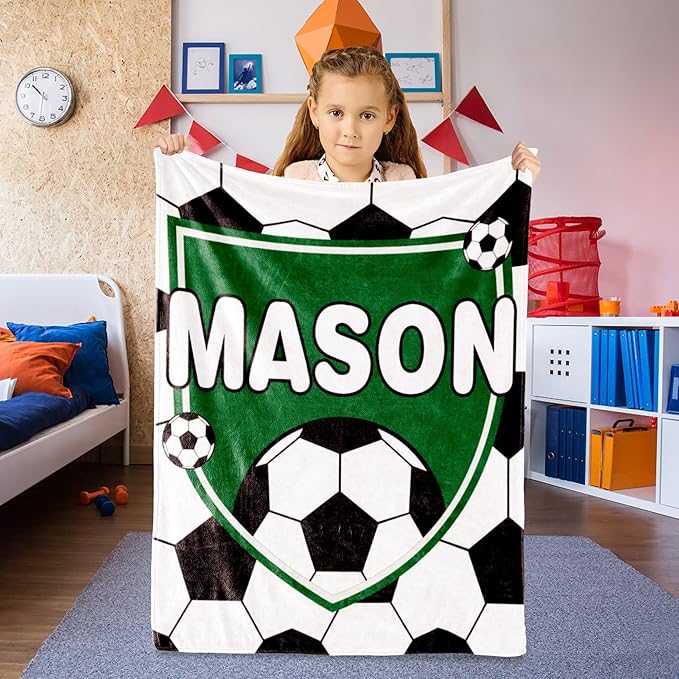 Personalized Soccer Blanket with Name for Boys, Custom Name Blanket for Kids, Soft Flannel Soccer Toddler Blanket Customized Gift for Birthday Christmas Baby Shower Newborn Gift 60/in X 80/in