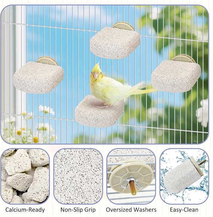 BNOSDM 4 Pcs Bird Beak Grinding Stone Calcium Parrot Perch Stand 2.8*2.6in | Natural Volcanic Lava Stone, Mineral Block, Birds cage platform for Parakeets Cockatiels Conures,Biting Toys for Small Bird