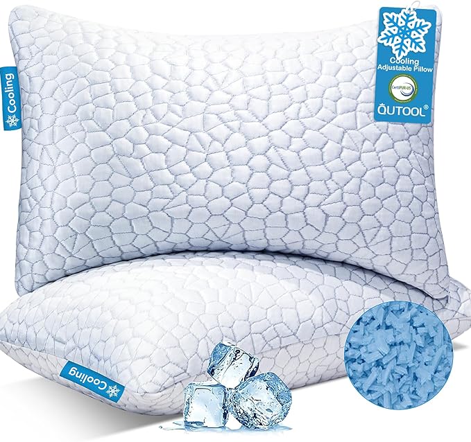 QUTOOL Cooling Pillow for Sleeping 2 Pack,Luxury Shredded Memory Foam Bed Standard Pillows Set of 2,Cool Pillow for Hot Sleepers Adjustable Firm Pillow for Side,Back,Stomach Sleepers Soft Yet Support