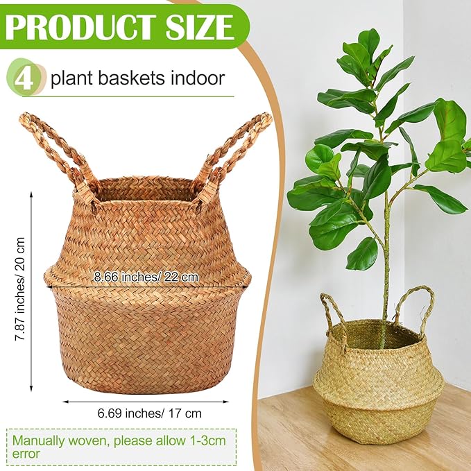 Qunclay 4 Pcs Woven Seagrass Baskets Belly Basket Folding Boho Natural Plant Pot with Handles Round Decorative Wicker Large Indoor Planter for Home Outdoor Tree Planters Decor (7.87 x 8.66 Inch)