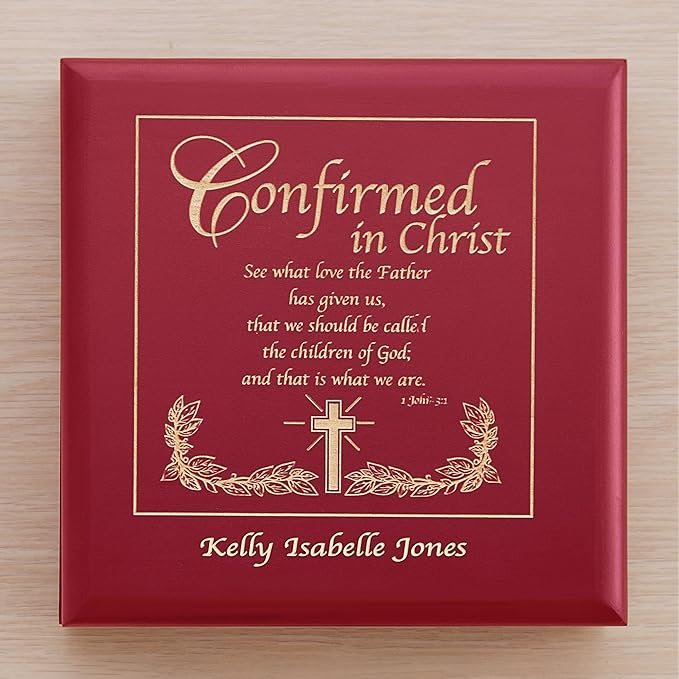 Let's Make Memories Personalized Confirmation Keepsake Box - Scripture - Sacrament - Religious Keepsake - Natural Wood - Cherry Finish - Inspirational Verse - 6.75”Lx6.75”W