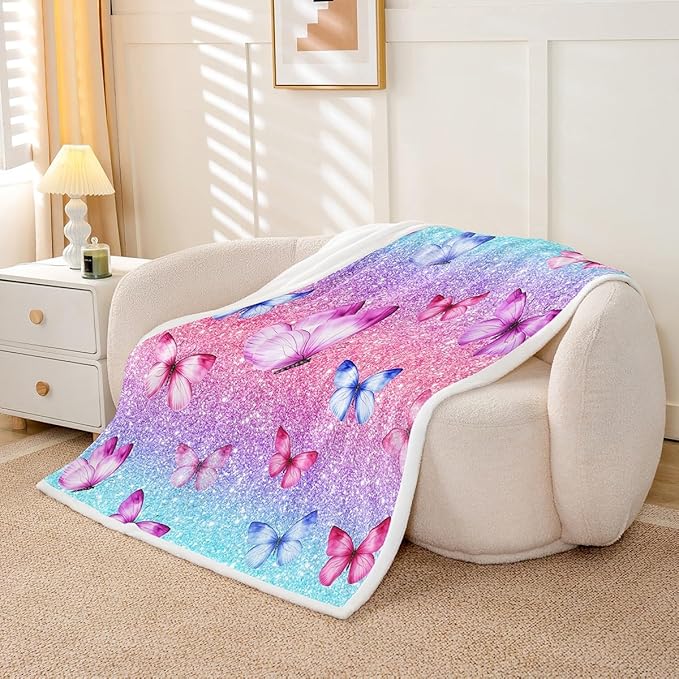 Feelyou Girls Glitter Print Fleece Throw Blanket Throw 50"x60" Kids Blue Pink Butterfly Sherpa Blanket Plush Fuzzy for Bed Couch Chair Living Room, Dreamy Girly Bed Blanket Princess Style Room Decor
