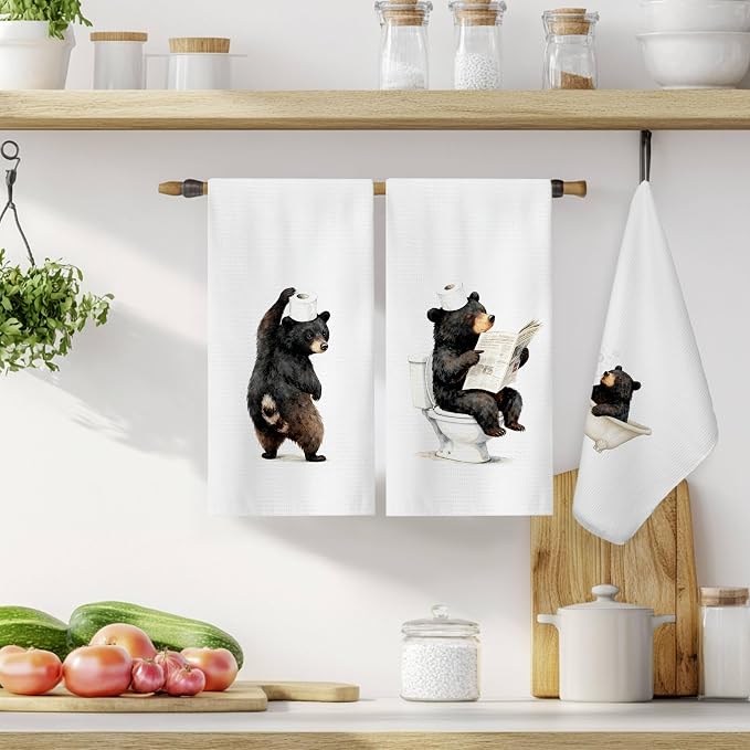 Funny Black Bear Bathroom Hand Towels, Bear Lover Gifts, Humor Bathing Bears Animal Decorative Hand Towels for Bathroom Washroom Restroom, 16x24 Inch Set of 3