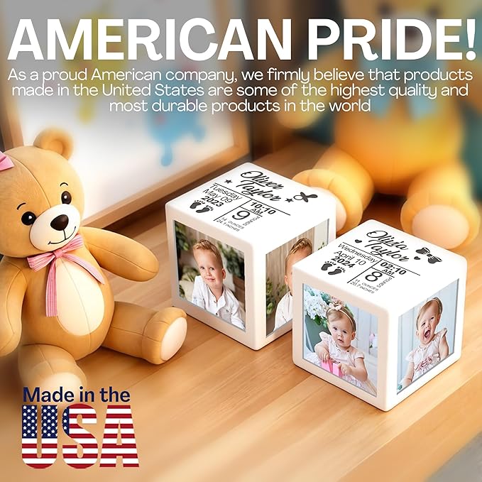 Personalized Mini White Wood Photo Cube for New Mom– Custom Name Picture Frame Memory Box for Baby Milestones, Newborn Photo Props, Shower Gift, or Nursery Shelf Display & Keepsake Decoration