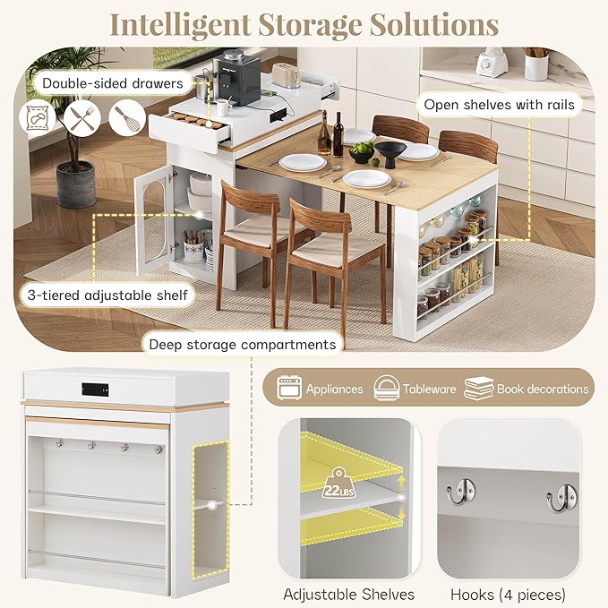 Amposei Kitchen Island with Extendable Dining Table & Power Outlet, 58’’ Breakfast Bar Coffee Station Sideboard Glass Door Storage Cabinet with Drawers, Creamy White & Natural