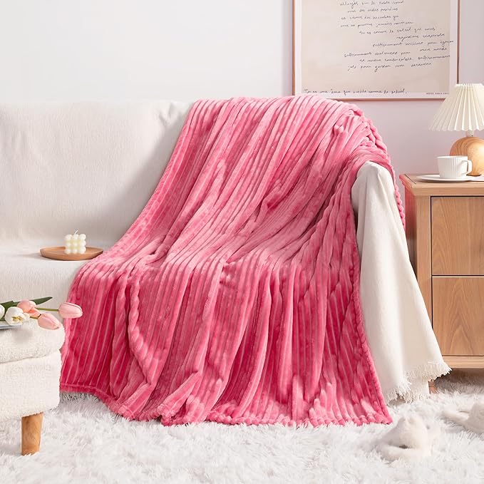 NTBAY Plush Flannel Twin Bed Blanket, 60x80 Inches Soft and Warm Lightweight Bed Blanket with Striped Texture for Couch, Sofa, All Seasons, Coral Pink