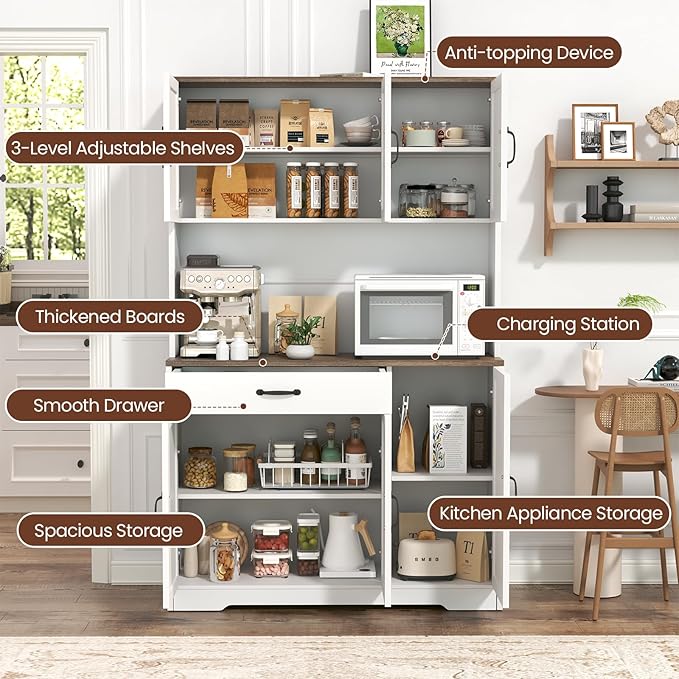 GRUSIGN 71" Pantry Cabinet with Charging Station, Large Capacity Kitchen Hutch Storage Cabinet, Kitchen Cabinet with Microwave Stand, Storage Drawers & Adjustable Shelves for Dining Room, White