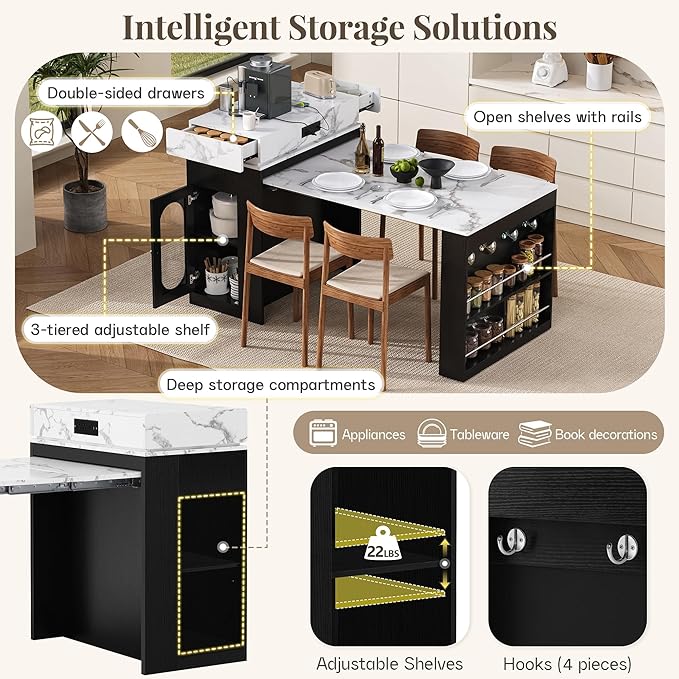 Amposei Kitchen Island with Extendable Dining Table & Power Outlet, 58’’ Breakfast Bar Coffee Station Sideboard Glass Door Storage Cabinet with Drawers, Black & White Marble