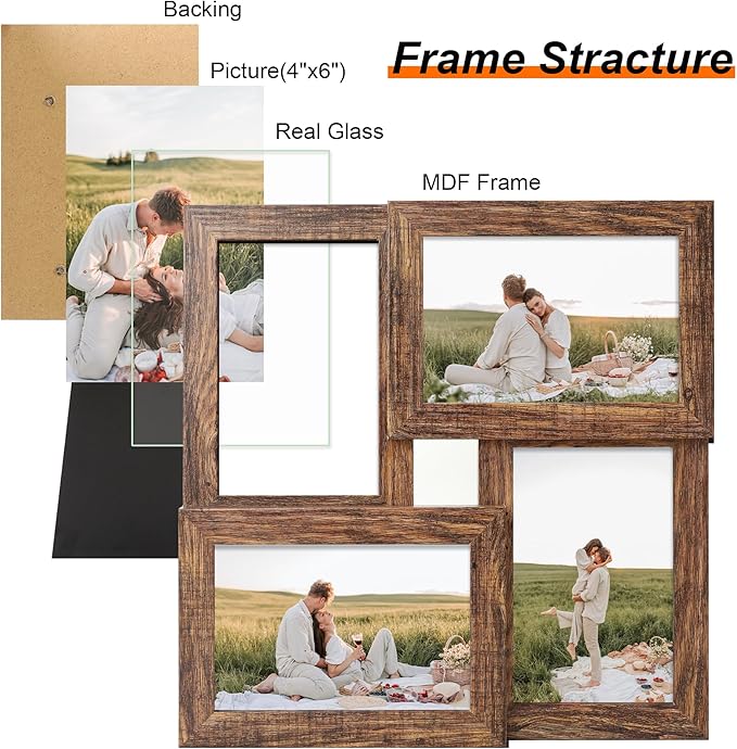 4x6 Collage Picture Frames, Multi Family Photo Frame with Real Glass, Displays Four 4x6 Photo, Wall Decor Wall Hanging or Tabletop, Rustic Brown