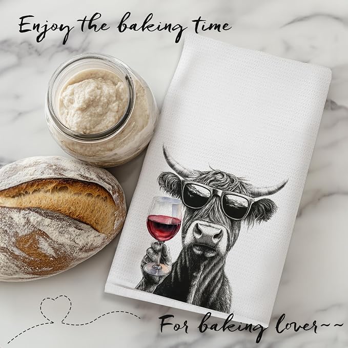 Funny Highland Cow Kitchen Towels Set of 3, Funny Gifts for Wine Beer Coffee Lovers Dish Tea Towels for Kitchen Bar Cart Decor, Highland Cow Gifts Decorative Hand Towels, 16x24 Inch
