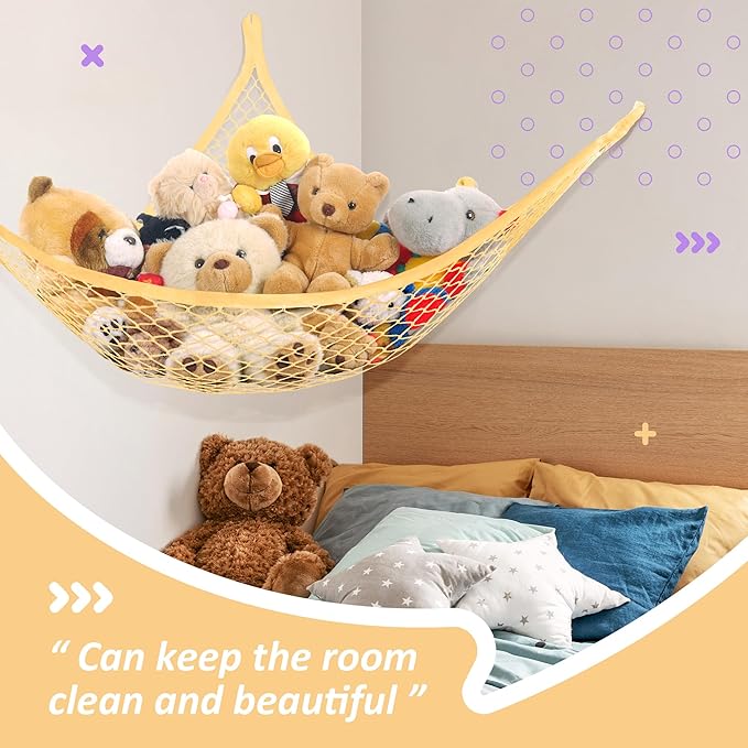 Stuffed Animal Net Hammock for Plushie Toys, Stuffed Animal Hammock Corner for Kids' Room Decor, Ideas for Organizing Stuffy Collection, 1 Pack, Yellow