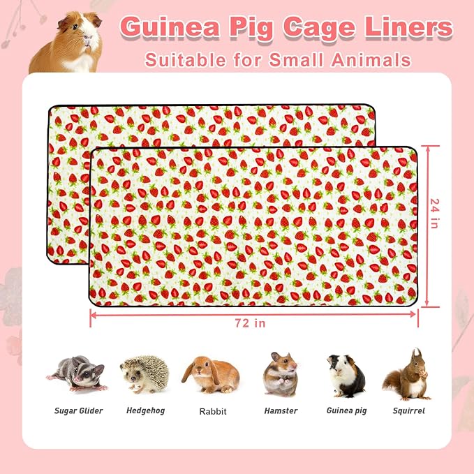 2 Pack Guinea Pig Cage Liners, 24"x 72" Washable Waterproof Bedding for Rabbit, Bunny, Hamster & Small Animals, Reusable Super Absorbent Pee Pads for C&C Cage, Strawberry Print