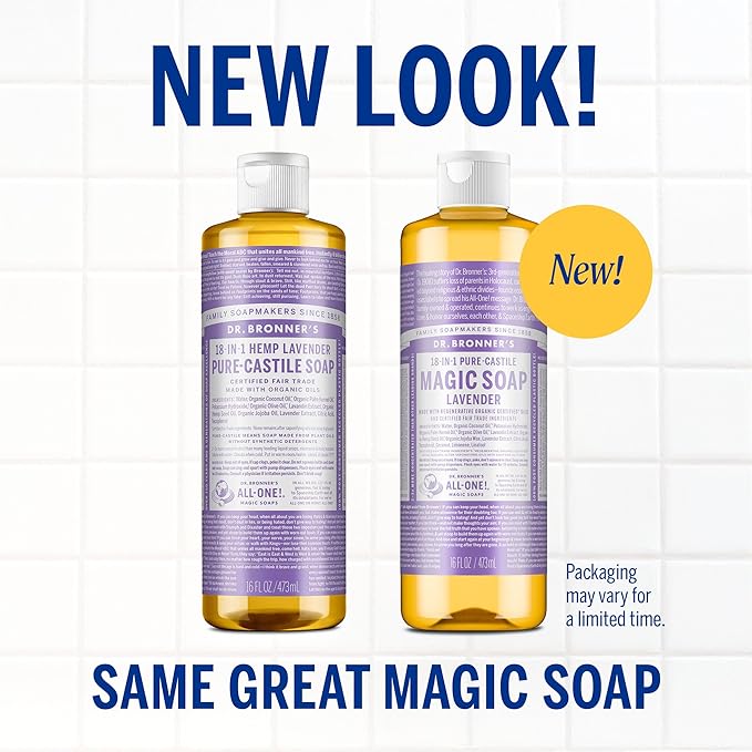 Dr. Bronner's Pure-Castile Magic Liquid Soap (Lavender, 16 Ounce, 2-Pack)- Made with Regenerative Organic Certified Oils, 18-in1 Uses: Face, Hair, Hand & Body Soap, Laundry, Pets- Concentrated, Vegan