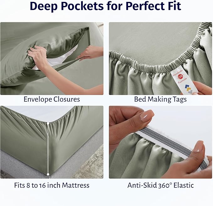 California Design Den Deep Pocket Queen Sheet Set - Certified 100% Egyptian Cotton, Lightweight & Crisp Percale Bed Sheets Queen Size Egyptian Cotton Set, Durable Luxury Bedding (Sage Mist- Grey Tone)