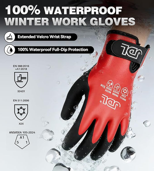 JDL 100% Waterproof Winter Work Gloves for Men & Women, Thermal Insulated Freezer Gloves for Cold Weather, Super Grip Palm