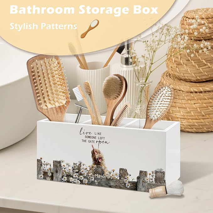 Rustic Chicken Pen Holder Organizer, Farmhouse Chicken Lover Gifts for Women Desk Decor, Live Like Someone Left the Gate Open Wooden Pen Pencil Holders for Vintage Desk Accessories