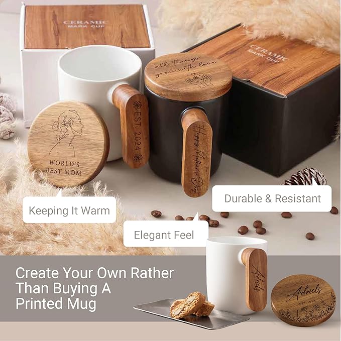 Engraved Ceramic Coffee Mug with Acacia Wood Handle & Lid, 12 oz Personalized Cup for Hot and Cold Drinks, Unique Gift with Stylish Packaging - White