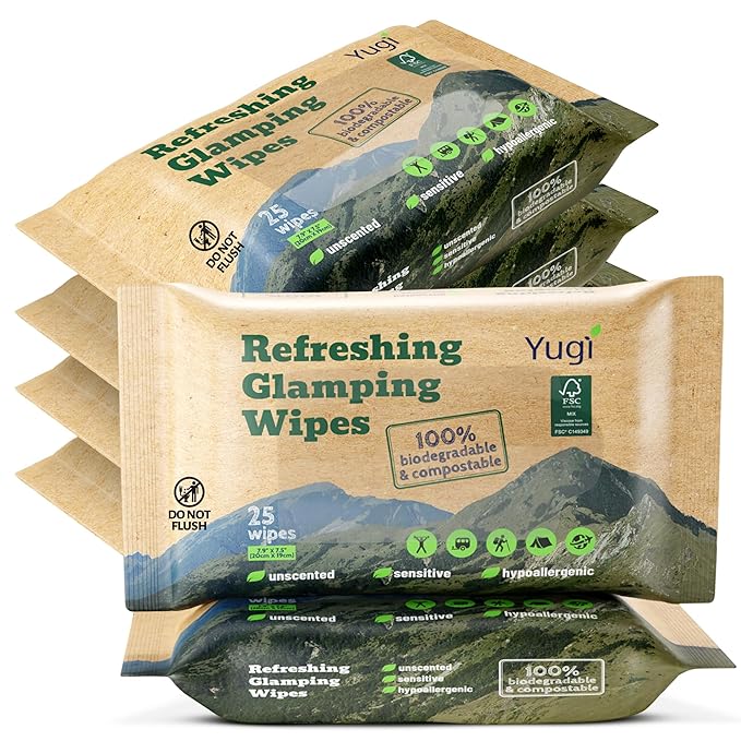 Yugi wet wipes, Face and Body Wipes for Camping, Post Workout and Traveling, Plant-based fibers unscented wipes (6 packs, 150 wipes)