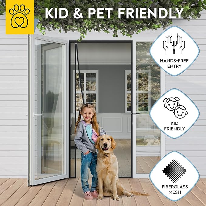 AUGO Fiberglass Magnetic Screen Door Reversible Left Right Side Opening - Self Sealing, Heavy Duty, Hands Free, Keeps Bugs Out - Pet and Kid Friendly - Patent Pending Keep Open Feature – 38” x 83”