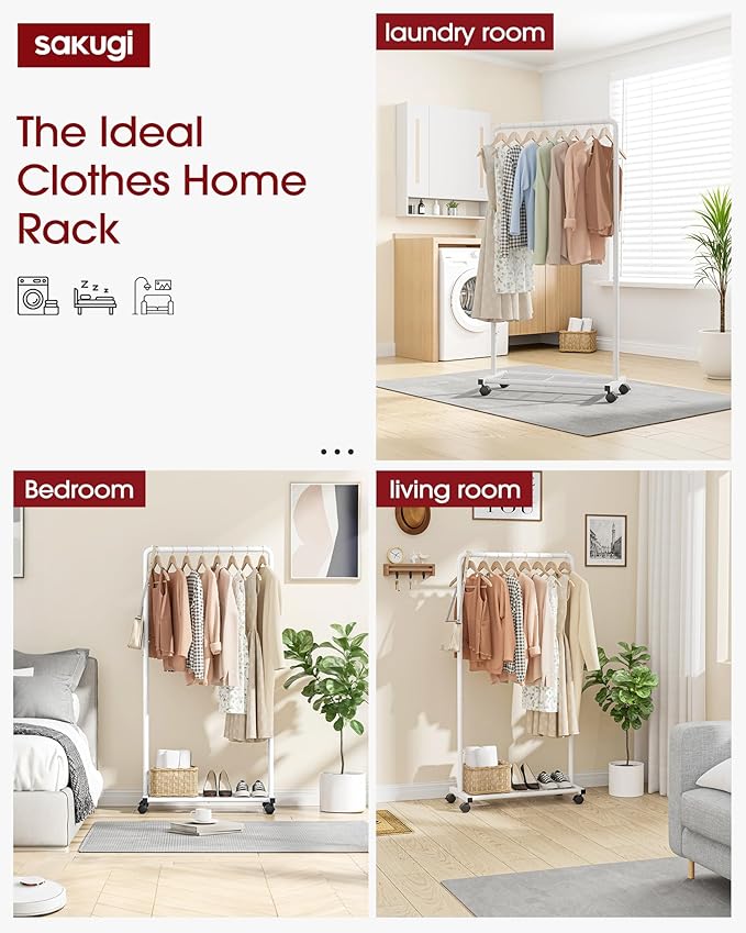 Clothes Rack - Clothing Rack with Storage Mesh Shelf & Casters, Heavy-Duty Metal Clothing Rack for Hanging Clothes, Dresses, Coats, Large Load Capacity, Easy Assembly, White, 28.0"x16.9"x59.0"