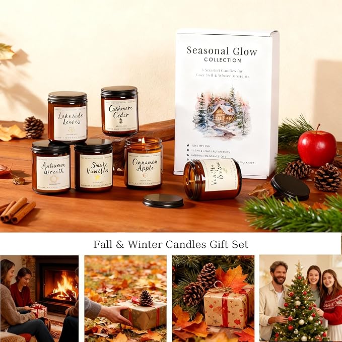 Fall and Winter Candle Gift Set for Women – 6 Pack 300H Total Burn Soy Candles, Christmas Gifts, Luxury Home Décor, Long Lasting Vanilla Balsam, Cashmere Cedar, Cinnamon Apple, Smoke Vanilla Scents
