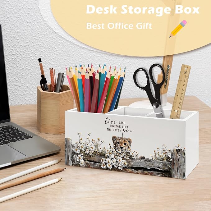 Rustic Cheetah Pen Holder Organizer, Farmhouse Leopard Gifts for Women Desk Decor, Live Like Someone Left the Gate Open Wooden Pen Pencil Holders for Vintage Desk Accessories