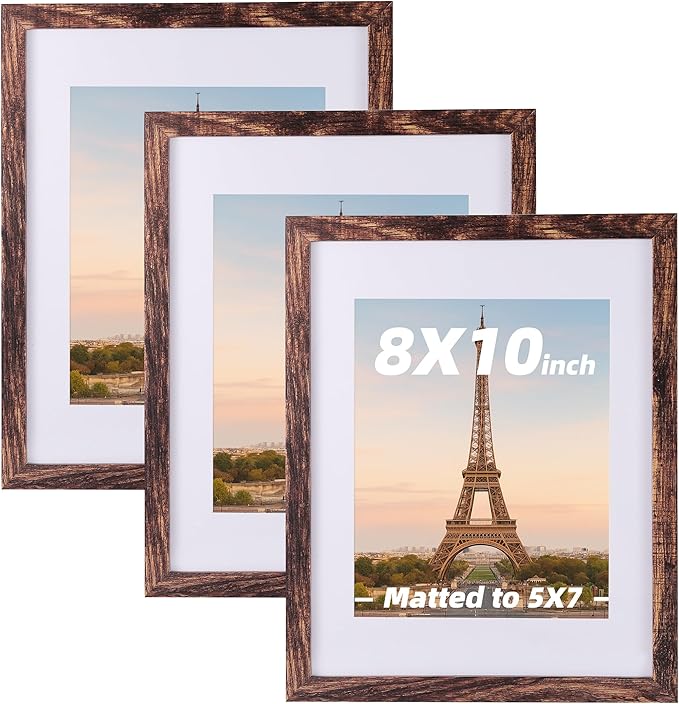3 Pcs 8x10 Rustic Brown Wood Picture Frame - Display Pictures 5x7 with Mat or 8 x 10 without - Distressed Brown Wooden Photo Frames for Wall Mounting or Table 8 10 Matted to 5x7 Farmhouse Set of 3