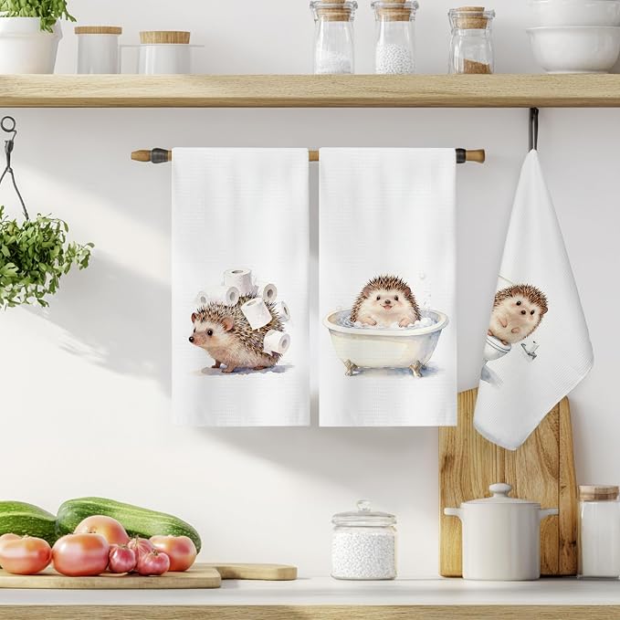 Funny Hedgehog Bathroom Hand Towels, Hedgehog Lover Gifts, Humor Bathing Hedgehogs Animal Decorative Hand Towels for Bathroom Washroom Restroom, 16x24 Inch Set of 3