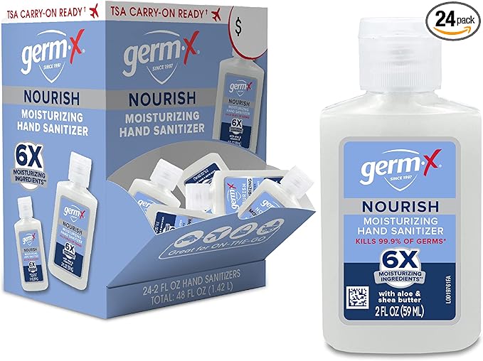 Germ-X Nourish Hand Sanitizer, 2 Fl Oz (Pack of 24), 2-in-1 Moisturizing and Sanitizing Formula with Shea Butter, Vitamin E & Aloe, Non-Greasy, Mini Travel Size for On-The-Go, Fresh Scent