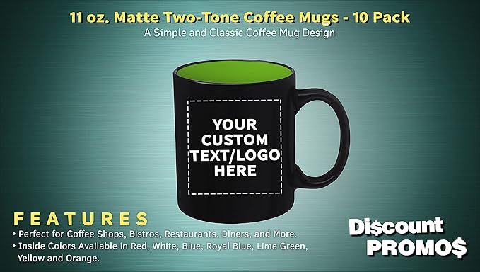 DISCOUNT PROMOS 10 Matte Two-Tone Coffee Mugs Set, 11 oz. - Customizable Text, Logo - Stoneware, Drinkware, Durable, C-handle - Lime Green