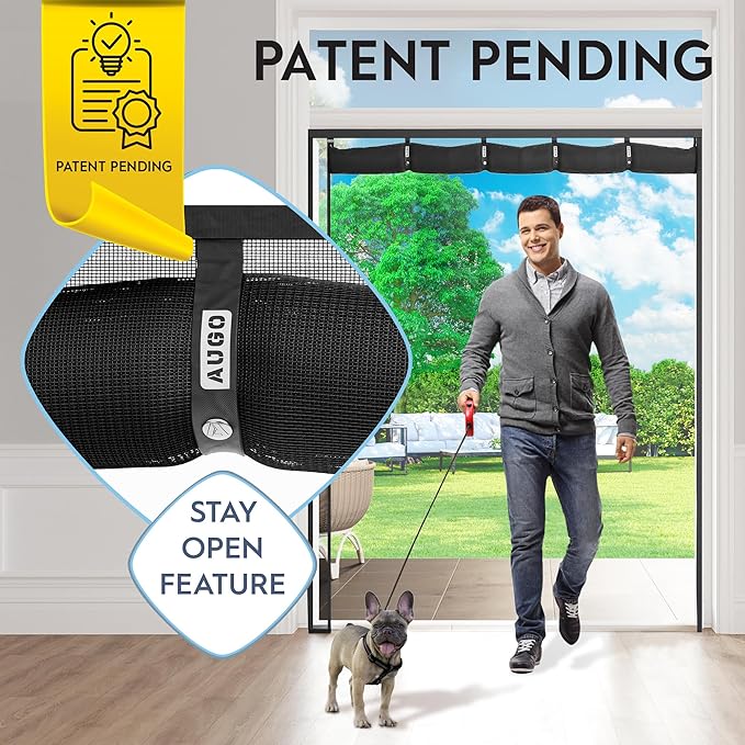 AUGO Fiberglass Magnetic Screen Door Reversible Left Right Side Opening - Self Sealing, Heavy Duty, Hands Free, Keeps Bugs Out - Pet and Kid Friendly - Patent Pending Keep Open Feature – 74” x 81”