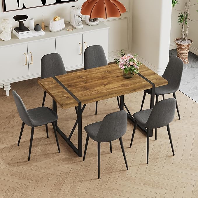 Dining Table Set for 6, Modern 55'' Dark Wood Dining Table and Fabric Dining Chairs Set of 6,Table and Chairs Set of 6,Ideal for Kitchen Dining Room