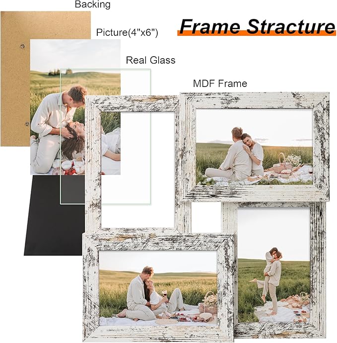4x6 Collage Picture Frames Set of 1, Multi Family Photo Frame with Real Glass, Displays Four 4x6 Photo, Wall Decor Wall Hanging or Tabletop, Distressed White