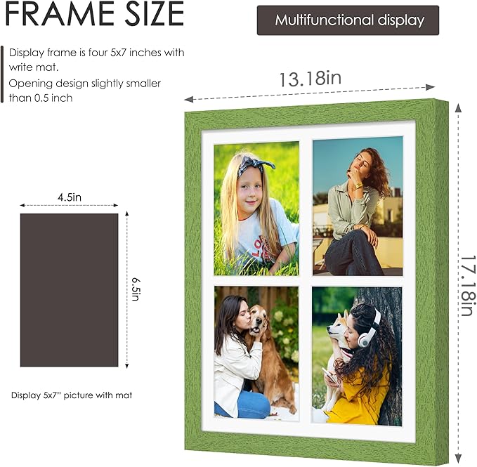 12x16 Picture Frame 5x7 Collage Picture Frame Displays Four 5x7 inch Photos or 12x16 (Without Mat) for Available Horizontal Wall Mounting Display and Vertical Green